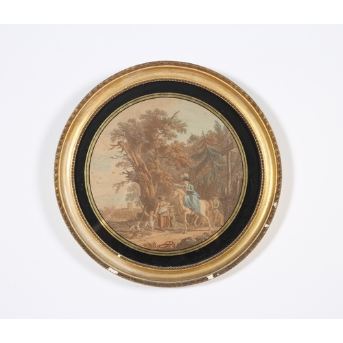 116 - A PAIR OF COLOURED ENGRAVINGS 
Landscape with Figures on Horseback 
Roundels
A pair
Each 29cm (d)