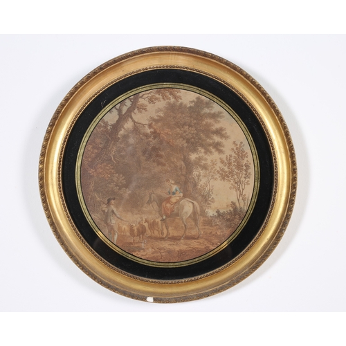116 - A PAIR OF COLOURED ENGRAVINGS 
Landscape with Figures on Horseback 
Roundels
A pair
Each 29cm (d)