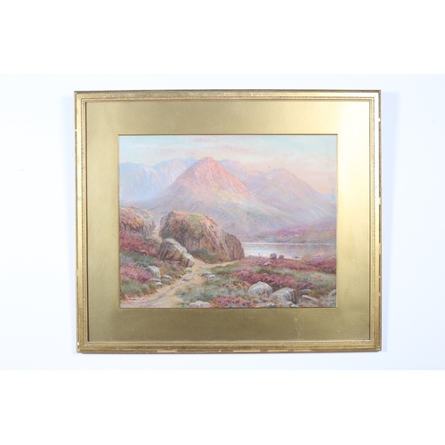 584 - EDGAR LONGSTAFF (1852-1933)
A Highland Mountain Landscape at Sunset 
Oil on board 
Signed with monog... 