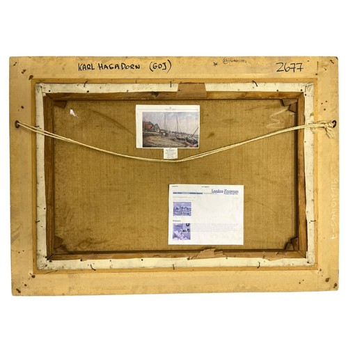 40 - KARL HAGEDORN
‘Moored Boats’
Oil on canvas
Signed lower left 
Image: 49cm (h) x 75cm (w) 
Frame: 67c... 