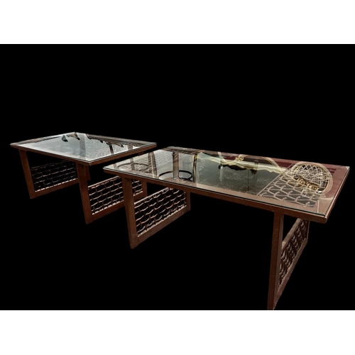 293 - A PAIR OF ALFRANK METAL TABLES each of rectangular outline with glazed top and interwoven panels on ... 