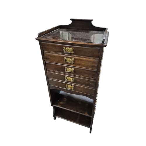 456 - A VINTAGE MAHOGANY MUSIC CABINET of rectangular outline the moulded three quarter gallery above five... 