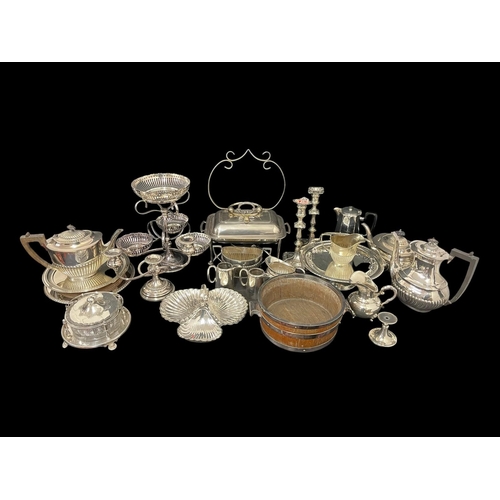 626 - A MISCELLANEOUS COLLECTION to include a plated epergne, a plated entrée dish, a pair of plated candl... 
