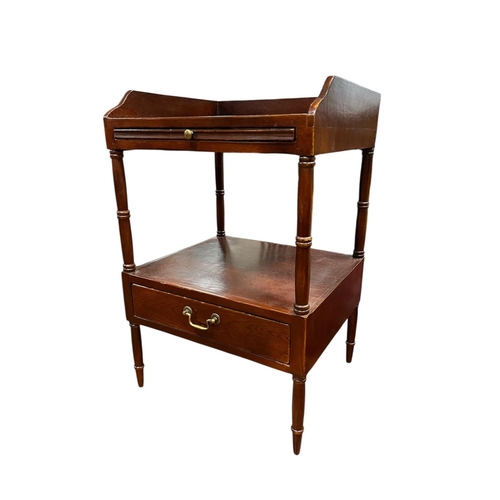 87 - A PAIR OF HARDWOOD END TABLES each of rectangular form with moulded three quarter gallery above a br... 