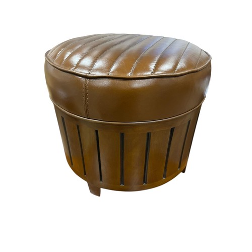 514 - A VERY FINE WALNUT AND HIDE UPHOLSTERED STOOL of cylindrical outline the shaped top above a panel fr... 