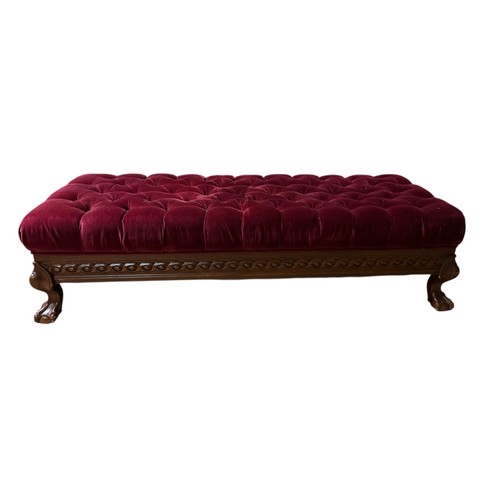 587 - A CHIPPENDALE STYLE MAHOGANY AND UPHOLSTERED STOOL of rectangular outline with deep buttoned upholst... 