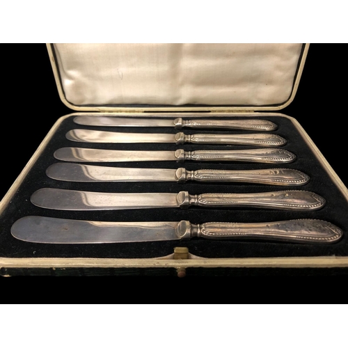 478 - A SET OF SIX SILVER MOUNTED KNIVES the handles stamped Sheffield 1924, blades stamped E.P.N.S., in o... 