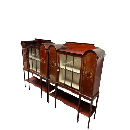 364 - A VERY FINE AND IMPRESSIVE PAIR OF EDWARDIAN MAHOGANY AND SATINWOOD INLAID DISPLAY CABINETS each of ... 