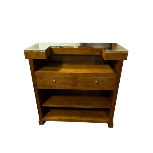 367 - A FINE ART DECO STYLE CHERRYWOOD AND BRASS MOUNTED BAR of breakfront outline the brass shaped top ab... 
