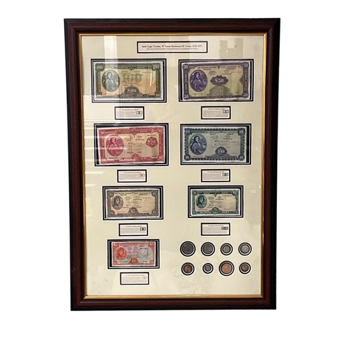 IRISH LEGAL TENDER 
A Series Banknotes and Coins 1928 - 1977 
Lady Lavery Notes designed by Sir John Lavery, Barnyard Collection of Coins designed by Percy Metcalf 
Framed 
79cm (h) x 52cm (w)