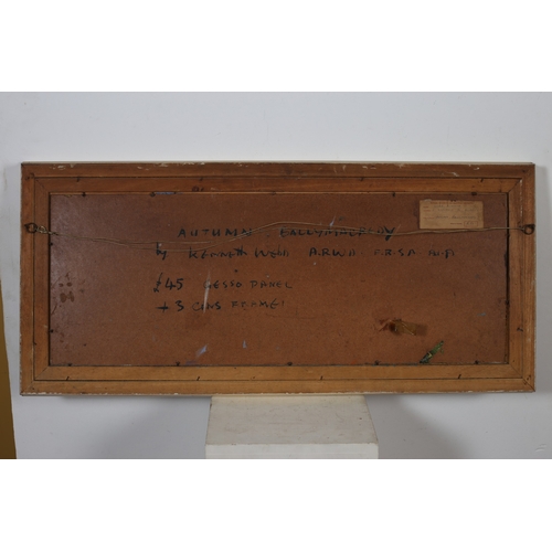 144 - KENNETH WEBB RWA, FRSA, RUA (b. 1927)
Autumn, Ballymacredy 
Gesso on panel 
Signed lower right 
Exhi... 