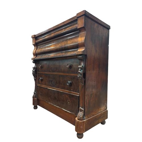 331 - A 19TH CENTURY MAHOGANY SCOTCH CHEST of inverted breakfront outline the shaped top above five long d... 