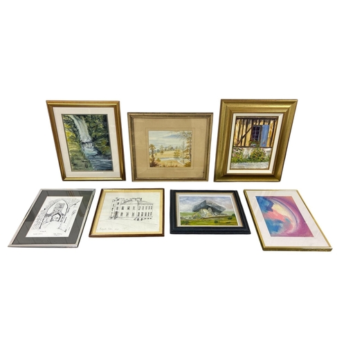 570 - A COLLECTION OF FRAMED ARTWORKS  to include an oil on board of a Neolithic dolmen, two ink drawings ... 