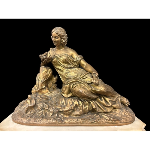 106 - A 19TH CENTURY FRENCH ALABASTER MANTEL CLOCK with hollow-cast gilt metal figure, the movement stampe... 