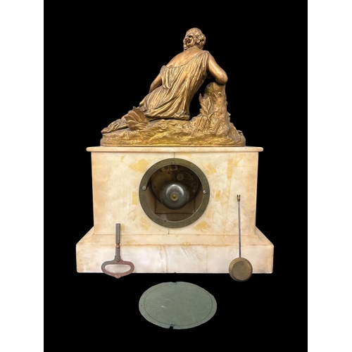 106 - A 19TH CENTURY FRENCH ALABASTER MANTEL CLOCK with hollow-cast gilt metal figure, the movement stampe... 