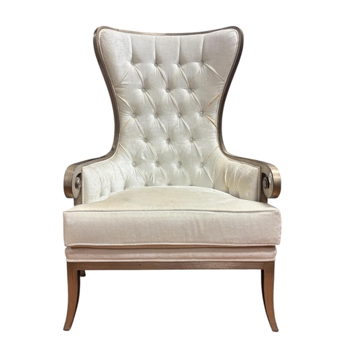 181 - A CONTINENTAL SILVER FRAME AND UPHOLSTERED HIGH BACK CHAIR with deep buttoned upholstered back and s... 