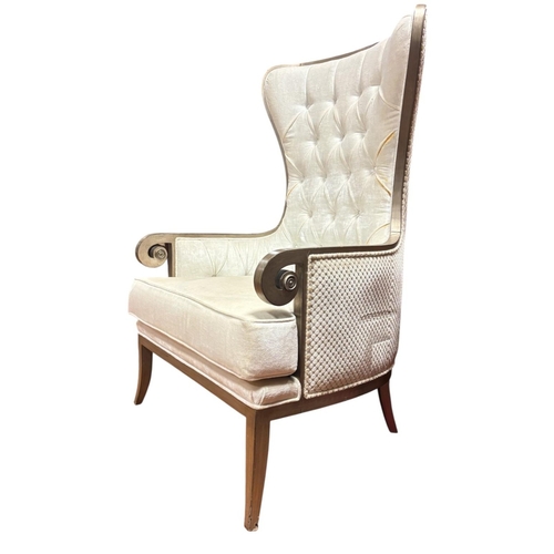 181 - A CONTINENTAL SILVER FRAME AND UPHOLSTERED HIGH BACK CHAIR with deep buttoned upholstered back and s... 