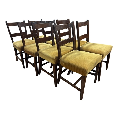 187 - A SET OF EIGHT GEORGIAN MAHOGANY AND SATINWOOD INLAID DINING CHAIRS each with a curved top rail and ... 