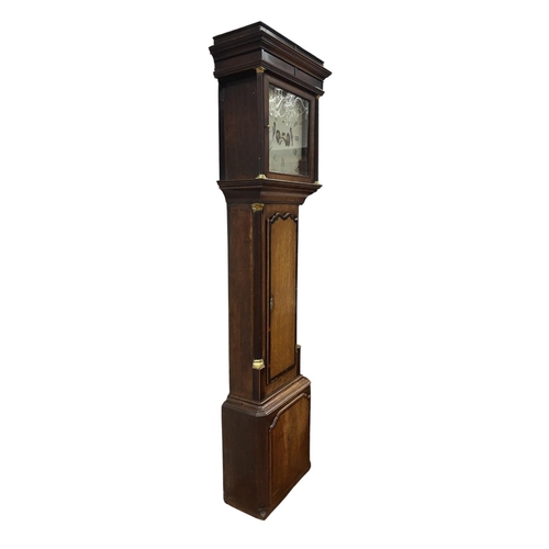 205 - A GEORGIAN OAK LONG CASED CLOCK the rectangular hood with painted dial and Roman numerals between fl... 