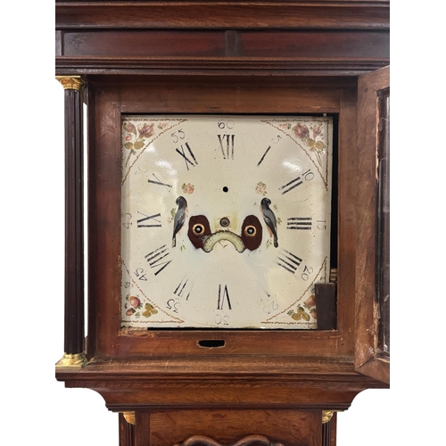 205 - A GEORGIAN OAK LONG CASED CLOCK the rectangular hood with painted dial and Roman numerals between fl... 
