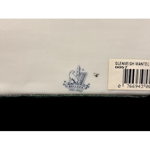 105 - FOUR PIECES OF BELLEEK FINE PARIAN CHINA comprising a 9th period Glenveigh mantel clock in original ... 