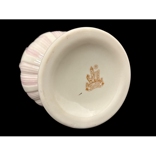 105 - FOUR PIECES OF BELLEEK FINE PARIAN CHINA comprising a 9th period Glenveigh mantel clock in original ... 