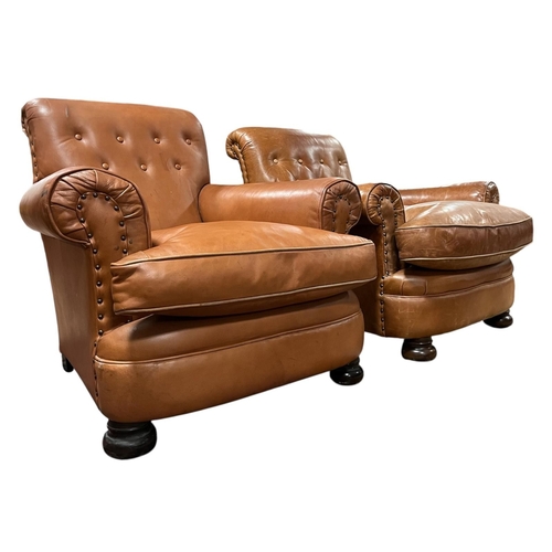 183 - A PAIR OF VINTAGE VICTORIAN STYLE HIDE UPHOLSTERED LIBRARY ARMCHAIRS each with a buttoned upholstere... 