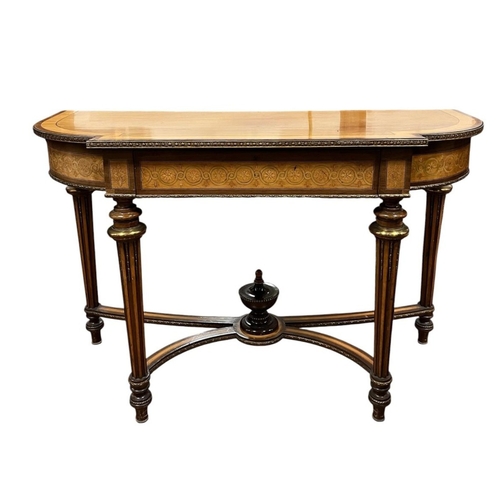 193 - A LATE 19TH CENTURY MAHOGANY, SATINWOOD AND GILT BRASS MOUNTED CONSOLE TABLE of rectangular bowed ou... 