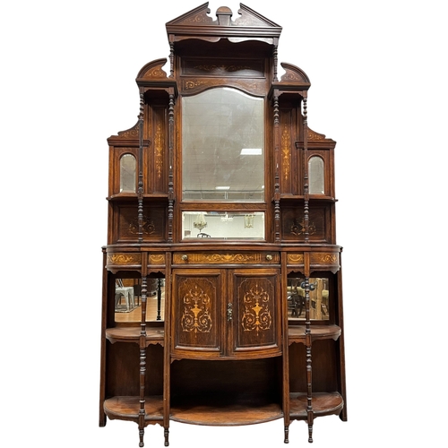 206 - AN EDWARDIAN ROSEWOOD AND SATINWOOD INLAID SIDE CABINET the superstructure with architectural pedime... 