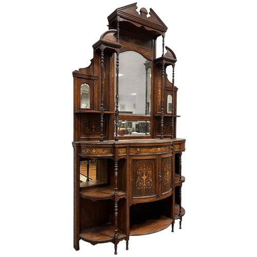 206 - AN EDWARDIAN ROSEWOOD AND SATINWOOD INLAID SIDE CABINET the superstructure with architectural pedime... 