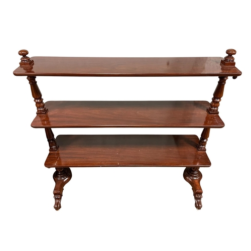 207 - A GOOD 19TH CENTURY THREE TIER DUMBWAITER each rectangular moulded shelf joined by baluster stretche... 