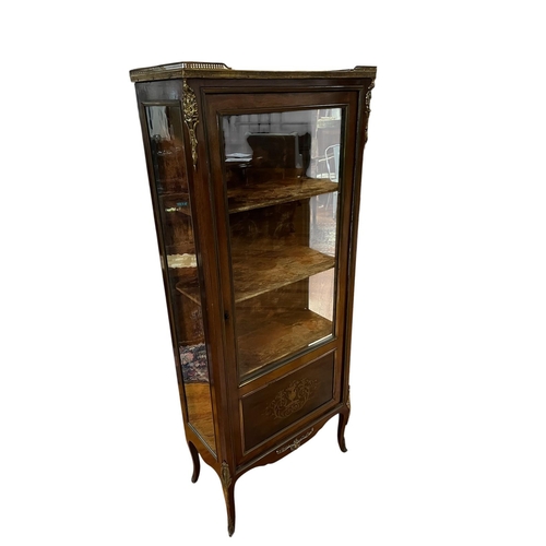 221 - A 19TH CENTURY CONTINENTAL MAHOGANY GILT BRASS AND BRASS INLAID CHINA DISPLAY CABINET of rectangular... 