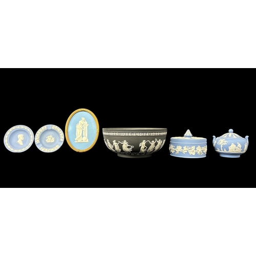 281 - A COLLECTION OF WEDGWOOD JASPERWARE comprising a large black jasperware 'Dancing Hours' centrepiece ... 