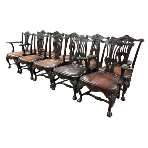 A SET OF TEN CHIPPENDALE STYLE MAHOGANY DINING CHAIRS in the manner of Butler's Dublin, including a pair of elbow chairs, each with a foliate carved top rail with pierced vertical splats and hide upholstered drop in seats on cabriole legs with claw and ball feet joined by H stretchers (10)