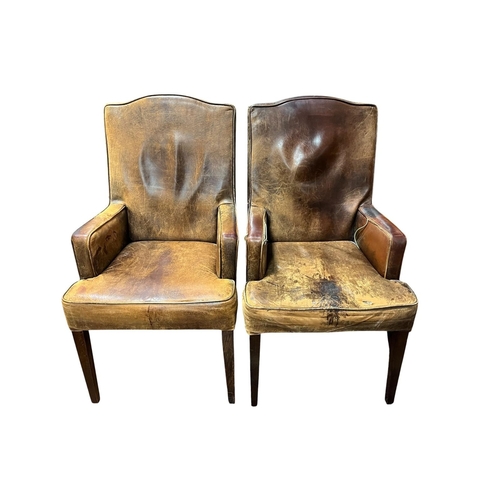 343 - A PAIR OF VINTAGE HIDE UPHOLSTERED ARMCHAIRS each with a rectangular arched back and seat on square ... 
