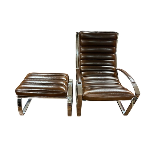 A VERY FINE ART DECO STYLE HIDE AND CHROME LOUNGE CHAIR the hide upholstered ribbed seat with shaped arms on tubular supports together with a footstool en suite