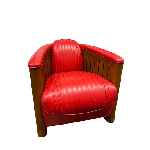 369 - AN ART DECO STYLE CHERRYWOOD AND HIDE UPHOLSTERED CLUB CHAIR with ribbed upholstered back and seat o... 