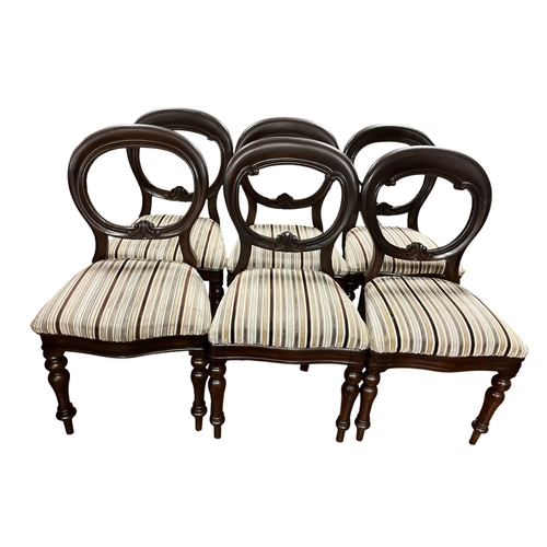 370 - A HARLEQUIN SET OF SIX VICTORIAN MAHOGANY DINING CHAIRS each with an oval moulded back, carved splat... 