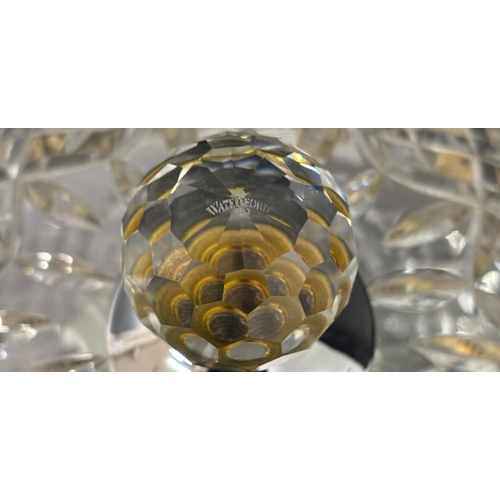 474 - A MATCHED PAIR OF WATERFORD CUT CRYSTAL FLUSH MOUNT CEILING LIGHTS with faceted globe finials, leaf ... 