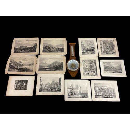 482 - A COLLECTION OF TWELVE SCENIC LITHOGRAPHS together with a vintage timber framed banjo barometer 56cm... 