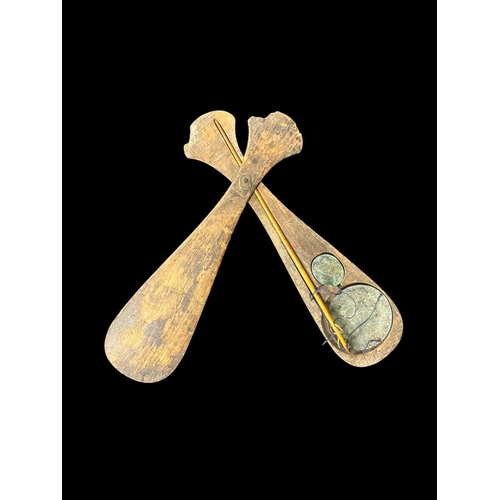 485 - AN ANTIQUE CHINESE DACHING WEIGHING SCALES constructed of a tapering bone beam with two sets of mark... 