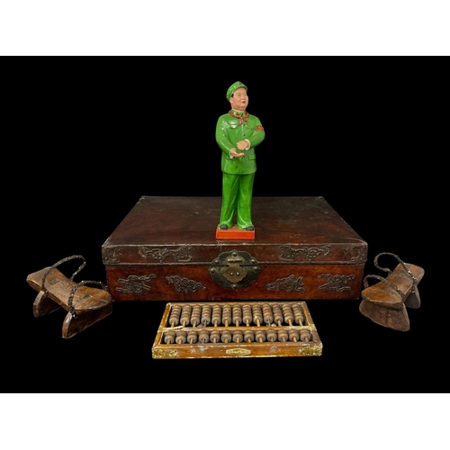 486 - A SELECTION OF CHINESE AND SOUTH EAST ASIAN ITEMS to include a brass banded wooden abacus Hong Kong ... 