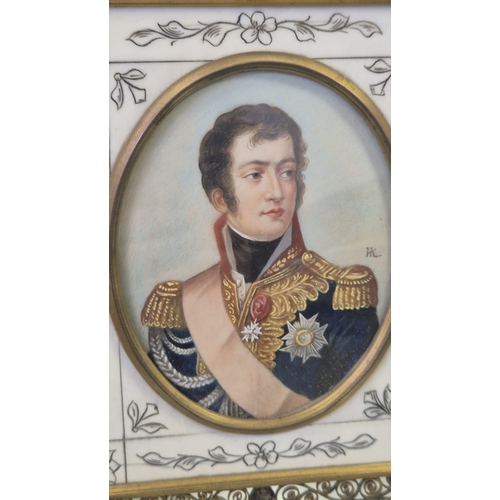 197 - AN ORMOLU FRAMED PORTRAIT MINIATURE of a military officer, Napoleonic era. Signed H.K. together with... 