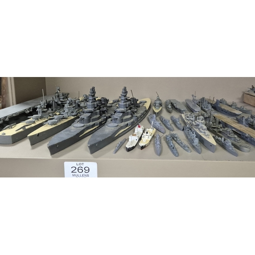 269 - A GOOD COLLECTION OF MODEL WARSHIPS, etc. Various makers including Corgi. Mid 20th century.