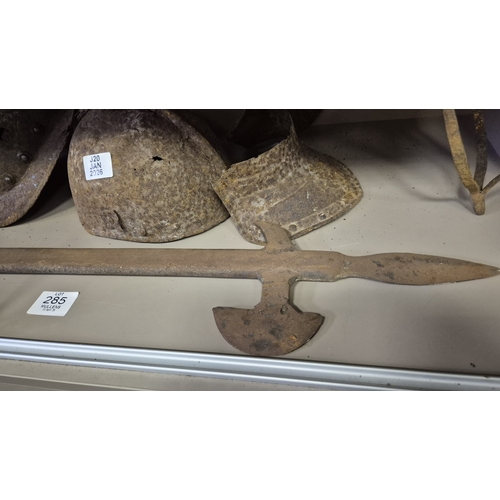 285 - A 17TH CENTURY MORION HELMET Probably Spanish. In relic condition together with two other antique he... 