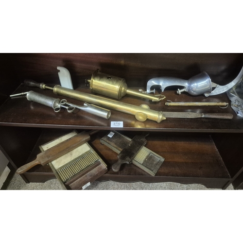 310 - A MIXED COLLECTION OF ANTIQUE MEDICAL AND OTHER INSTRUMENTS including two brass, timber and marble p... 