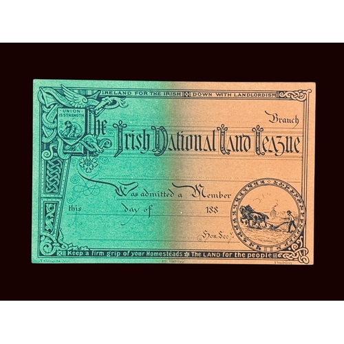 367 - AN UNISSUED THE NATIONAL LAND LEAGUE OF IRELAND MEMBERSHIP CARD from 1880s in green and orange. Reve... 