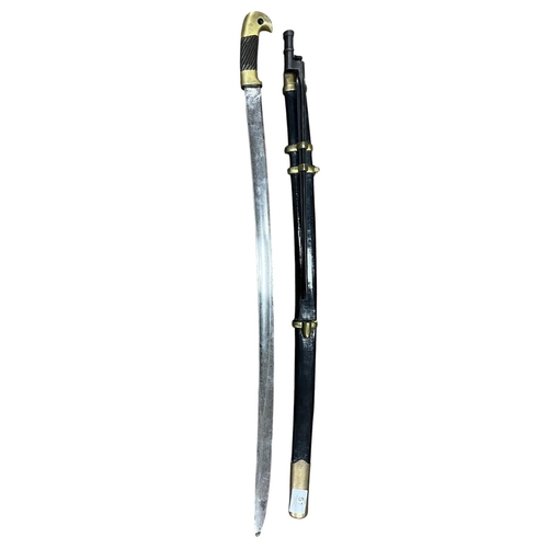 51 - RUSSIAN COSACK SHASKA SWORD AND BAYONET. Stamped 1907. Scabbard mounted with bayonet. Single edge bl... 