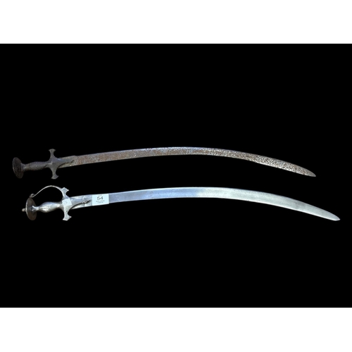 54 - TWO ANTIQUE STEEL TULWARS. One somewhat rusted. Longer of the two approx. 89cm. Both without scabbar... 