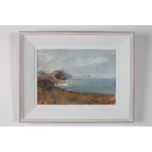 146 - JUDY HAMILTON 
Abstract Coastal Landscape
Oil on board 
Image: 30cm (h) x 43cm (w) 
Frame: 47cm (h) ... 